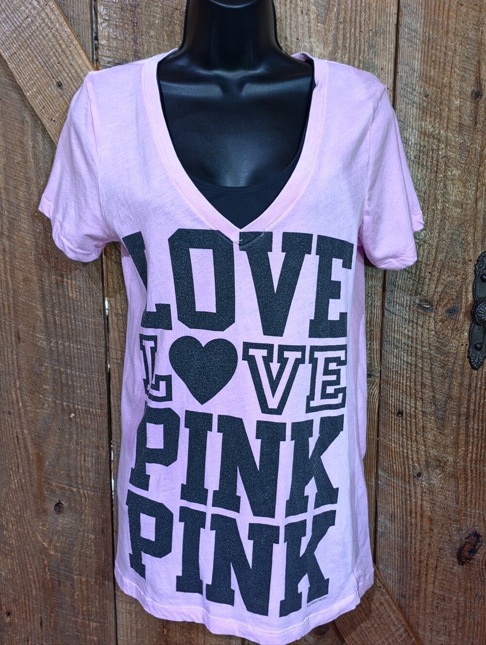 Victoria's Secret Pink Tshirt Womens Medium Black Logo Deep V Neckline READ